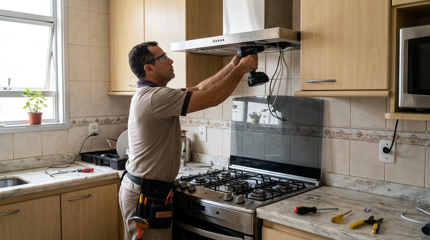 Eletricista instalando coifa em Vila Velha‑ES
