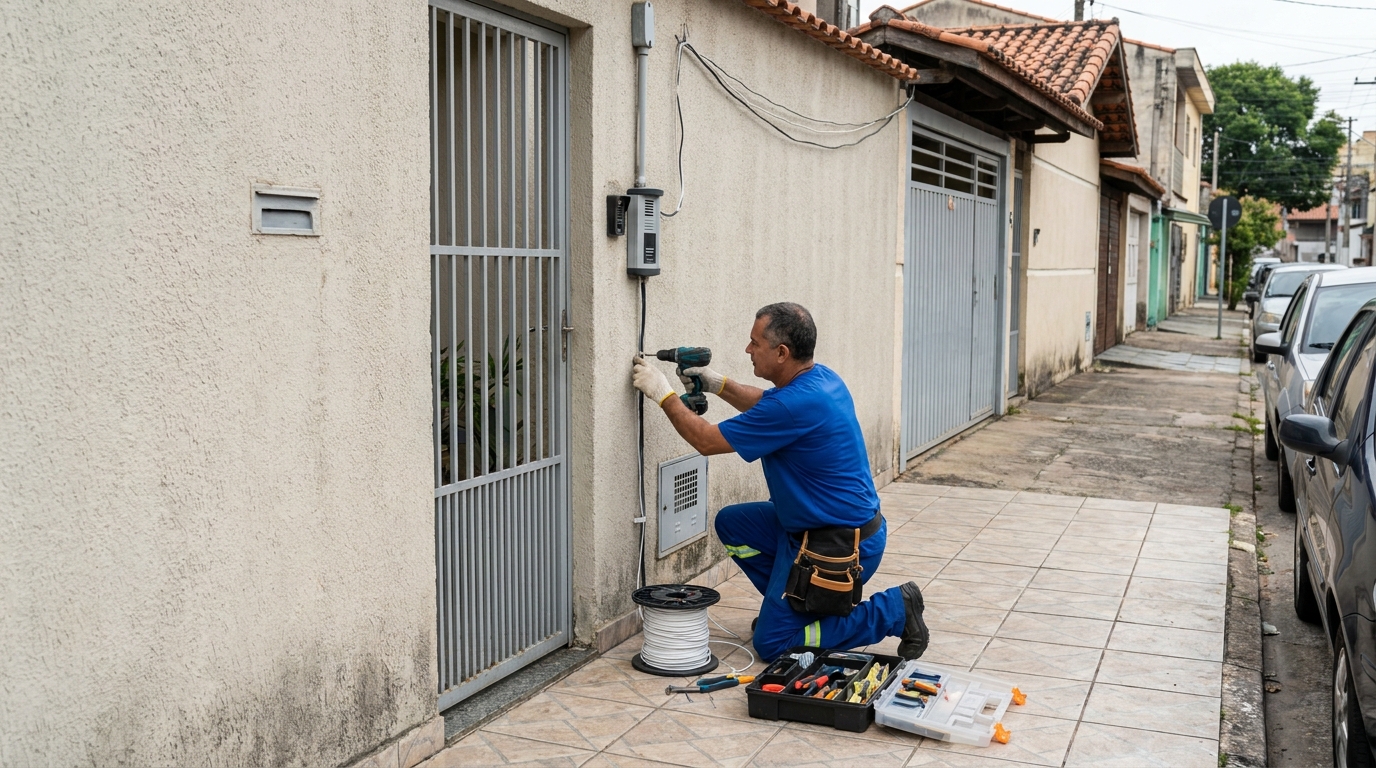 Eletricista instalando interfone em Vila Velha‑ES