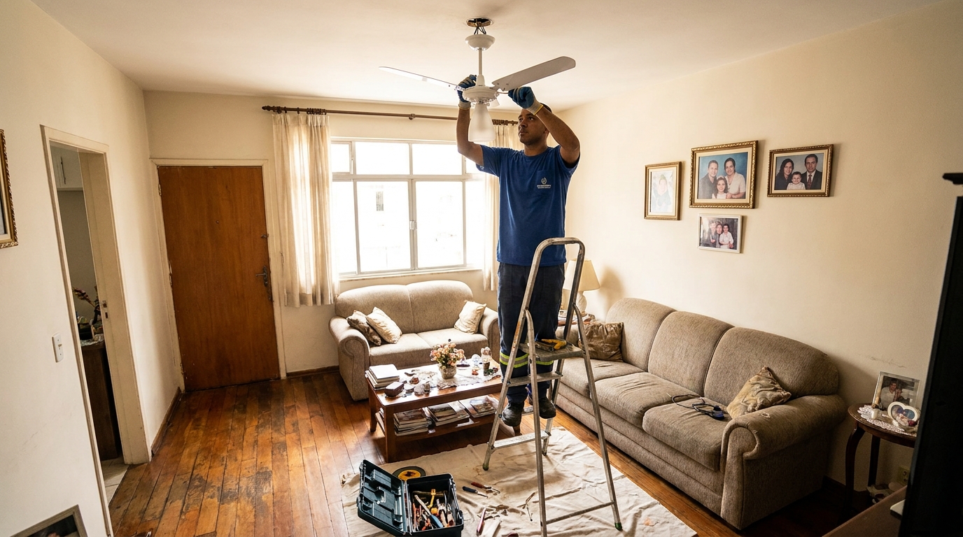 Eletricista instalando ventilador de teto em Vila Velha‑ES